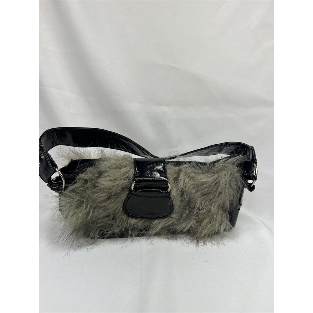 Furry Black￼ Purse Clutch Bag Strap Small  Zipper Faux Fur Bag